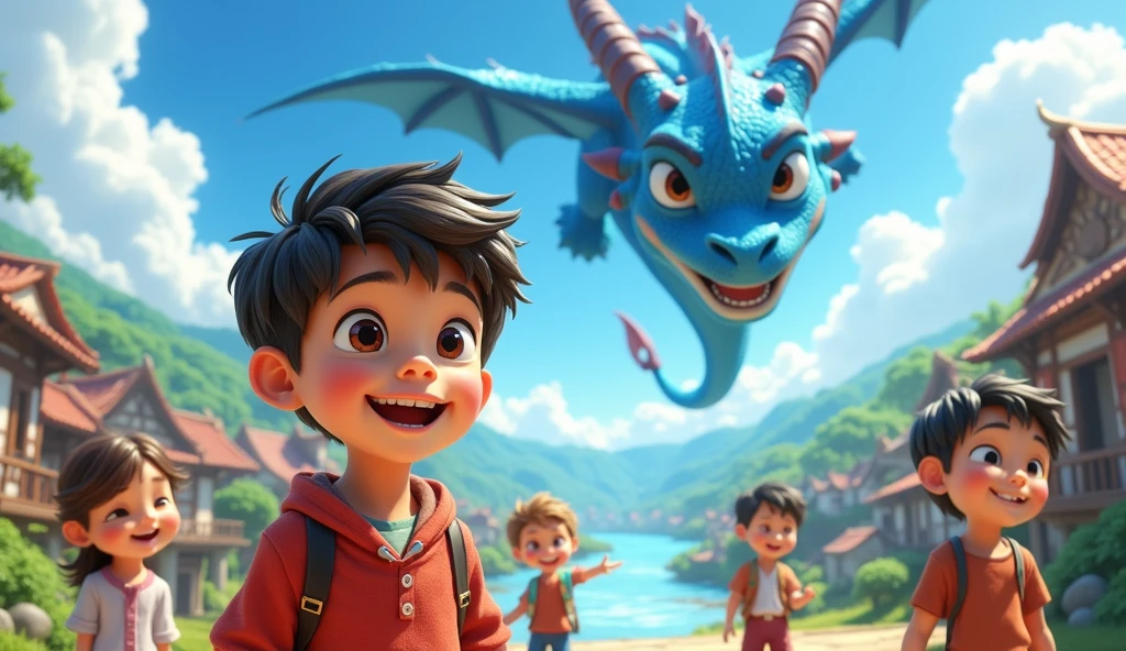 Sammy smiling with his village friends and the blue dragon waving from afar.