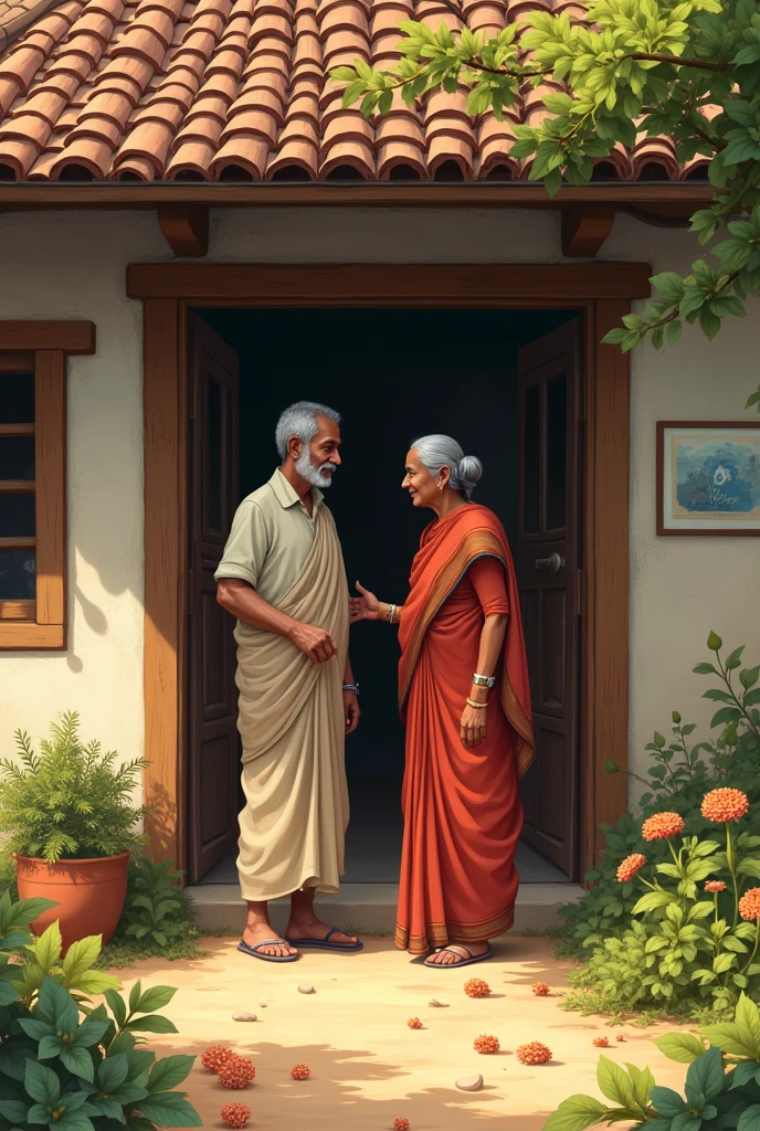 Ravi arriving at his grandmother’s quaint, old house, which is a simple, traditional village home with flowers around the doorway. His grandmother, an elderly woman in traditional attire, is seen welcoming him with a warm smile.
Size: 1024x1024