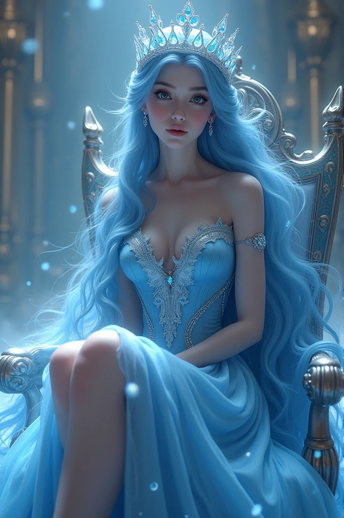 An most beautiful, gorgeous, cute queen sitting on her throne wearing a blue dress that covers her whole body from the back but from front it only covers her thigh, skin tone is pale, small breast, perfect figure, dress is a bit loose on her, blue hair cause she is ice princess, eyes diamond colour, lips are shiny pink, long hair till her hips, looking at us, kind in nature, easy to manupulate