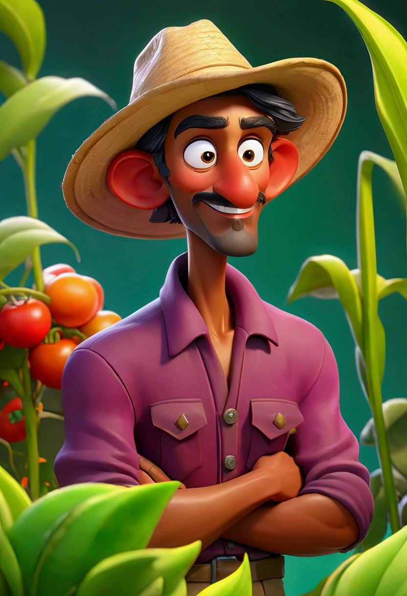 A whimsical farmer named Ramu tending to his vibrant crops in a colorful 3D cartoon style, cheerful atmosphere, exaggerated features, lush greenery, bright hues, playful composition --ar 1:1 --s 150 --no text