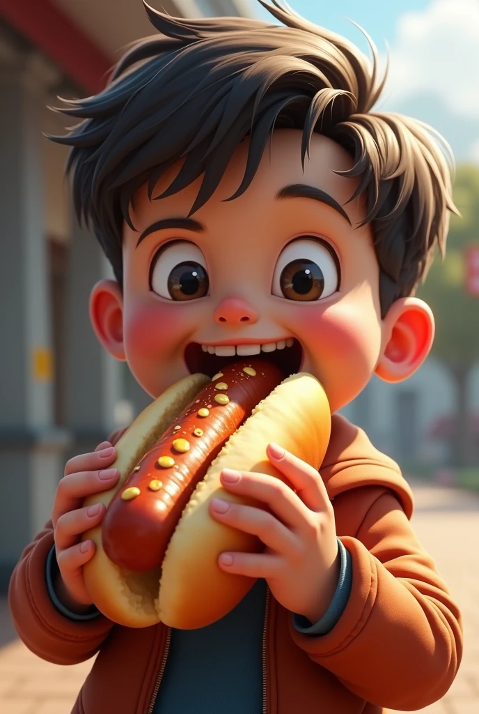 A boy eating Hot dog realistic