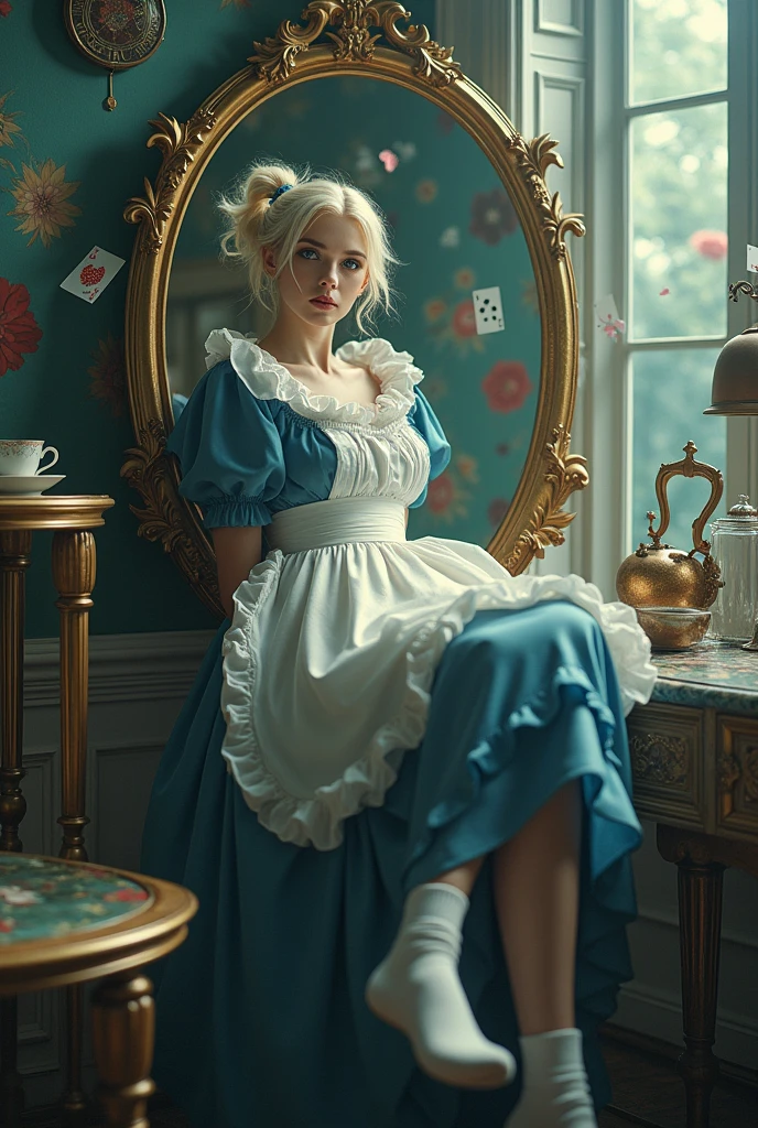 (masuter piece, high-quality, Mystical, Beautifully Aesthetic, ideal ratio of body proportions, offcial image art, Impresionism), (ultra high resolution, 8K RAW photo, photo realistics, natural lighting, textile shading), (1 matured woman:1.3, solo:1.5, milf:1.1), (Fractal pattern Art:1.2), shinny skin, tile patterns, (alice in the wonderland:1.2, girl floating in air:1.5, smiling with half-closing eyes), ((flying PlayingCards, Trump, floating tea cup, floating tea pot, pocket watch:1.3, big mirror, lip sticks)), cute anime white rabbit, ((deep-Blue dress :1.5, a miniskirt, White Apron, white sock)), (platinum-blonde, tied hair with a ribbon), (Blue eyes, bright pupils with highlights, detailed eyes), (lying on your back:1.2, leaning backward:1.2, with rising up legs:1.3), ((dutch angle:1.5, full body:1.3, from below)), Exotic wallpapers, colorful image, simply background, fantastic, fantasy:1.5, ((perfect anatomy:1.5, correct hand)), 