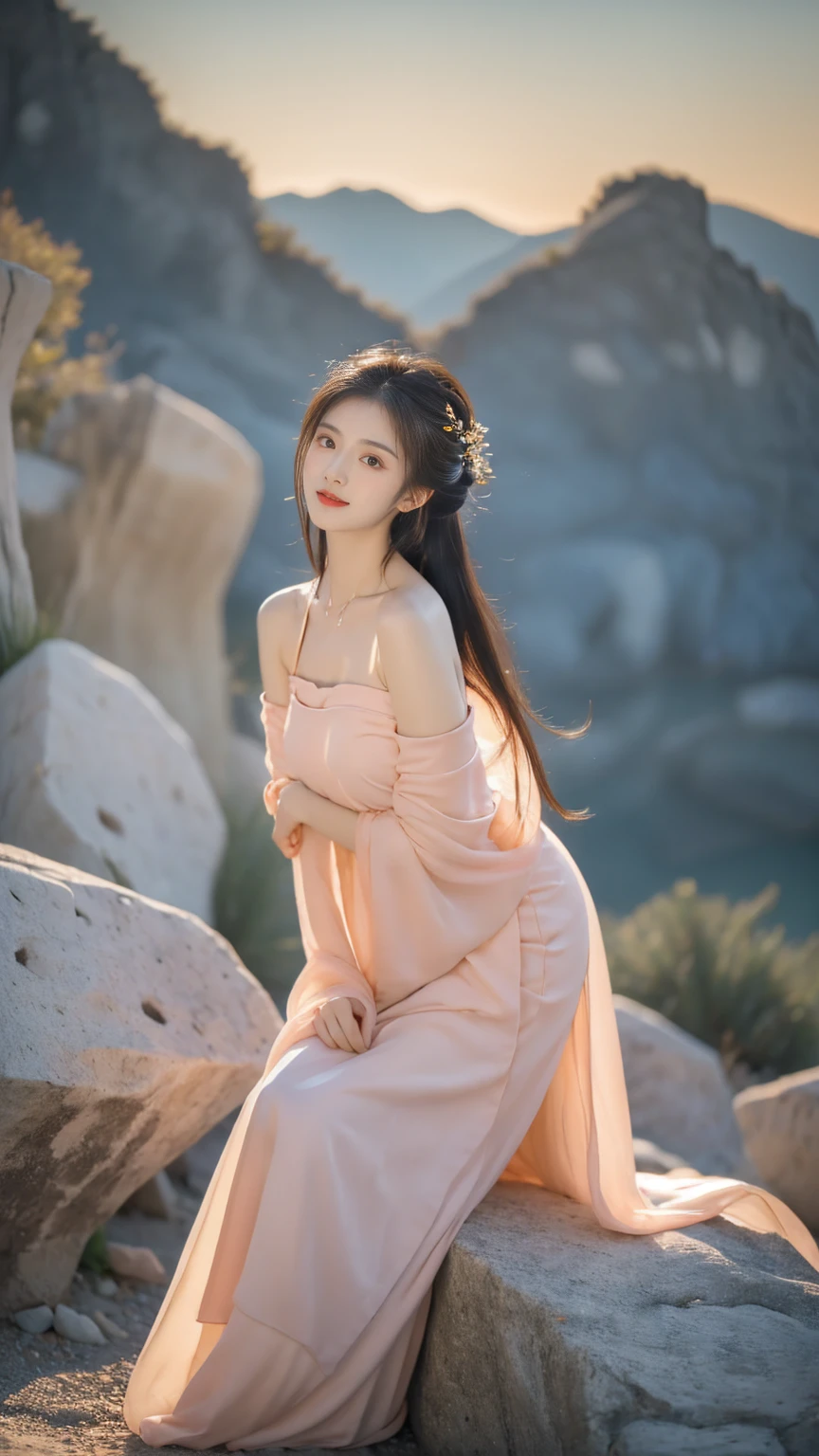 hanfu-song, Hanfu, song theme, try, Pipe top, ((bare shoulders)), ((whole body)), actual, Fashion girl, red lips, aldult, cosmetic, big eyes, beautiful eyes, ((whole body)), ((from below)), (best quality, masterpiece:1.2), super detailed, (actual:1.37), ((Sexy long legs)), beautiful, young and energetic, Charming model with (exquisite eyes, Detailed lips, extremely exquisite eyes), Show a bright smile, Create stunning girl images, warm color, Extremely high color saturation, official art, Extremely detailed CG unified 8k wallpaper,(high dynamic range :1.4), (Work),(pastel colors, The color is dull, soothing tone :1.3), (natural skin texture, ultra-actual, soft light, sharp),(Very detailed), night, moonlight, ((in the mountains, plant, Leaning against the rocks))