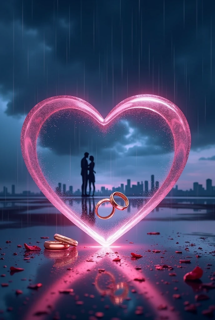 rain、Darken overall、Rain landscape、Distinct and Real City、The city in the background is clearly visible、A fantasy scene with blue and black as the main colors、Pink Heart、A couple&#39;s silhouette behind the heart、Cartier gold ring、Realistic cloudy sky、Angled three-dimensional glass open heart、Neon color、There are two engagement rings inside the glass heart、One ring is placed to the side and the other is held at an angle.、Fantasy、romantic、high resolution、Wide angle、distinct、Real、vivid、beautiful、masterpiece、panorama、extensive、Light and shadow details、The water is clear and shiny、The water faithfully reflects the scenery、ズームアウト✕3倍、
