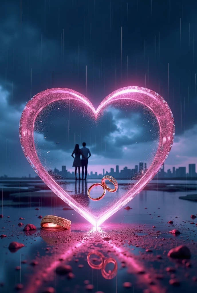 rain、Darken overall、Rain landscape、Distinct and Real City、The city in the background is clearly visible、A fantasy scene with blue and black as the main colors、Pink Heart、A couple's silhouette behind the heart、Cartier gold ring、Realistic cloudy sky、Angled three-dimensional glass open heart、Neon color、There are two engagement rings inside the glass heart、One ring is placed to the side and the other is held at an angle.、Fantasy、romantic、high resolution、Wide angle、distinct、Real、vivid、beautiful、masterpiece、panorama、extensive、Light and shadow details、The water is clear and shiny、The water faithfully reflects the scenery、ズームアウト✕3倍、