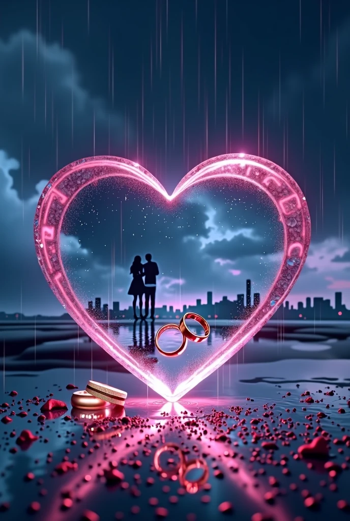 rain、Darken overall、Rain landscape、Distinct and Real City、The city in the background is clearly visible、A fantasy scene with blue and black as the main colors、Pink Heart、A couple's silhouette behind the heart、Cartier gold ring、Realistic cloudy sky、Angled three-dimensional glass open heart、Neon color、There are two engagement rings inside the glass heart、One ring is placed to the side and the other is held at an angle.、Fantasy、romantic、high resolution、Wide angle、distinct、Real、vivid、beautiful、masterpiece、panorama、extensive、Light and shadow details、The water is clear and shiny、The water faithfully reflects the scenery、ズームアウト✕3倍、