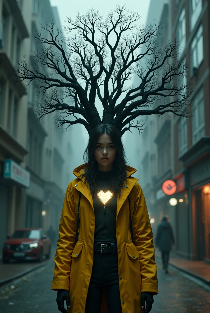 a woman in the form of a tree with a heart in the middle of it, digital art, trending on zbrush central, artgerm ; 3d unreal engine, anton semenov, fractal veins. cyborg, cgi art, trending digital fantasy art, humanoid woman, a painting of a woman in a yellow raincoat walking down a street in the, by Kerembeyit, cyberpunk art, fantastic realism, girl in raincoat, yellow raincoat, backlit girl in raincoat, style of charlie bowater, like tears in rain time to die, art in a noir crime novel style