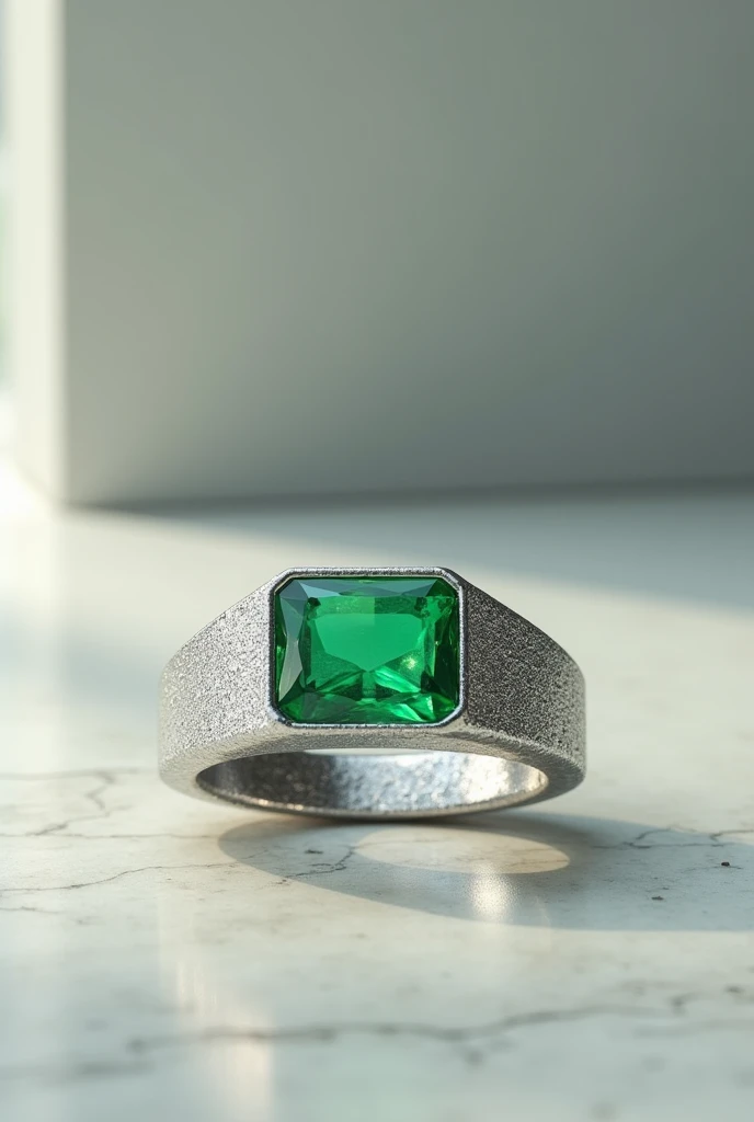 Create an image exactly like the one I'm uploading for you, but with the metal a palladium colour and a sandblasted finish on the outside so it looks like the metal is sparkly. Make sure the emerald is the same.