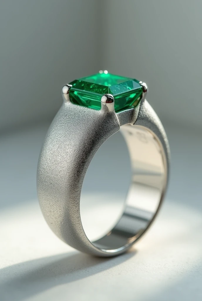 Create an image exactly like the one I'm uploading for you, but with the metal a palladium colour and a sandblasted finish on the outside so it looks like the metal is sparkly. Make sure the emerald is the same.