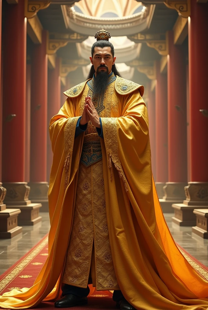 Epic CG masterpiece, Emperor of the Tang Dynasty of China,author:Guopei martial arts,Handsome, The greatest masculinity, Straight crown, golden robes, palace background, Tang dynasty, royal, dynamicposes, Stunning colors, 3D rendering of, surrealism, Cinematic lighting effects, Realism, 00 Renderer, Super realistic,