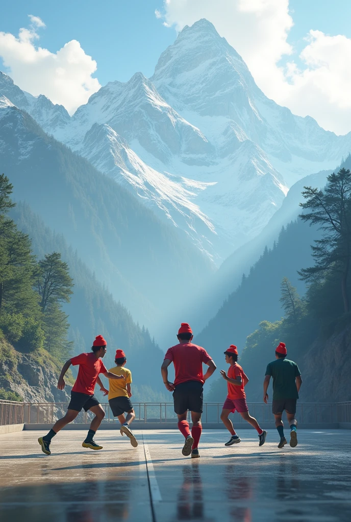 futsal team age group from adult to old ones wearing nepali topi playing at lab of himalayans range