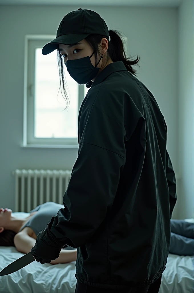 korean girl, (behind stiff, holding knife), stabbing, black surgical mask, black gloves, white room, black raincoat, looking at viewer, black wet suit, trucker hat, holding knife, black gloves, woman on top, behind cadaver, blood splatter, on the bed, looking at viewer, mass murderer, killer, low ponytail, blood splatter, atmospheric realistic, light from the window,