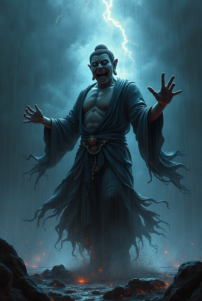 Angry fearfull very cosmic energetic dark color lord buddha dancing horribly in dark rain wearing full clothes