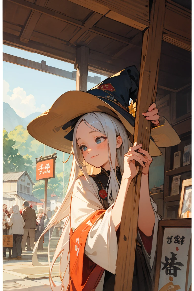 Illustrations for children's picture books,realistic, detailed illustration,A serene town center with an elderly witch as the focal point. The witch has long white hair tied up and a kind, gentle expression. She's holding up a sign that reads 'Happy Bento Shop' in Japanese characters. Around her, curious townspeople of various ages are gathering, their faces showing interest and excitement. The overall atmosphere is warm and inviting, with a touch of magic in the air., hand-painted style, digital art touch,(illustration:1.5), (Watercolor:1,2)