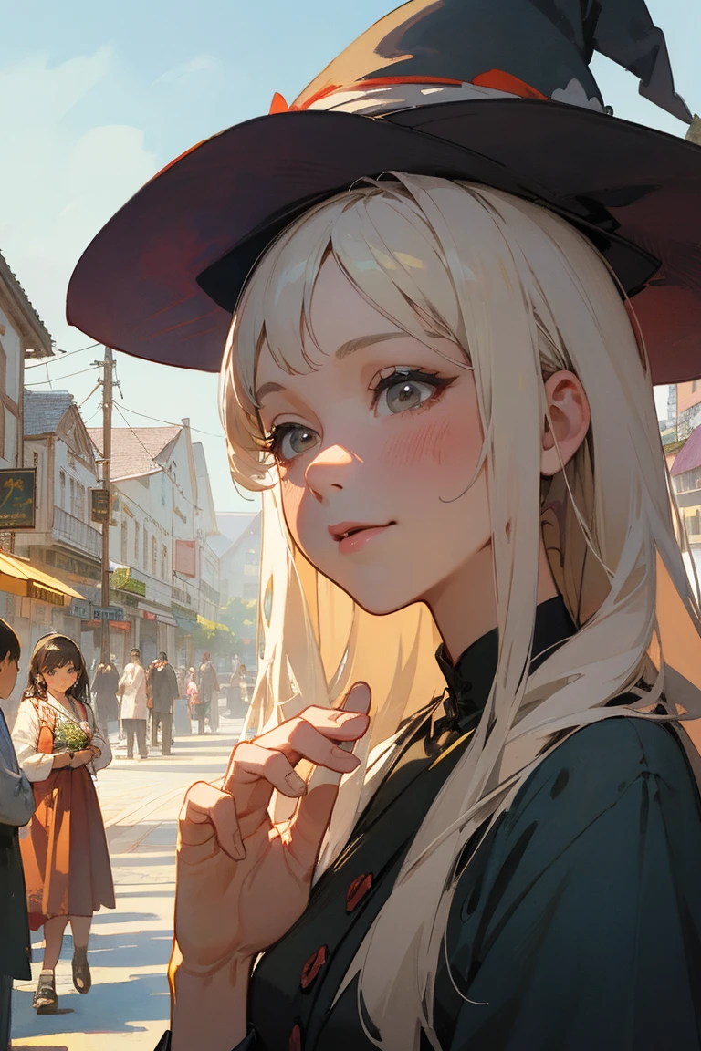 Illustrations for children's picture books,realistic, detailed illustration,A serene town center with an elderly witch as the focal point. The witch has long white hair tied up and a kind, gentle expression. She's holding up a sign that reads 'Happy Bento Shop' in Japanese characters. Around her, curious townspeople of various ages are gathering, their faces showing interest and excitement. The overall atmosphere is warm and inviting, with a touch of magic in the air., hand-painted style, digital art touch,(illustration:1.5), (Watercolor:1,2)