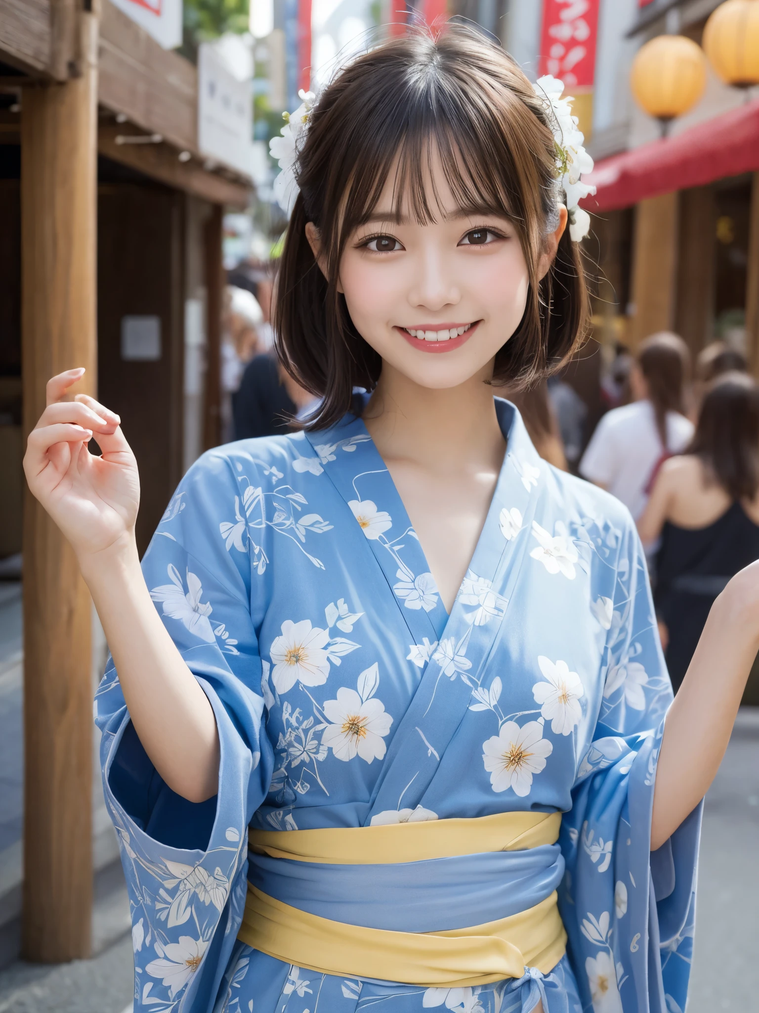 1girl, solo, highres, best_quality, masterpiece, detailed_background, intricate_details, beautiful, sendai, tanabata_festival, summer_festival, yukata, smile, looking_at_viewer, dynamic_pose, natural_pose, candid, happy