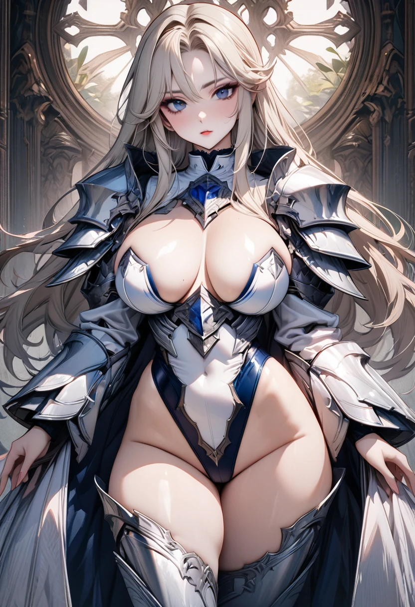 ((masterpiece)),((highest quality)),((8k)),((fantasy art:1.5)),(solo),1girl,perfect face, fantasy world, ((Vibrant female knight)),((platinum blonde long hair)),((metal sculpture white paladin armor leotard)),((Ultra high leg)),((large breasts)),((inguinal thigh)), Curvy, Waist cloak,skirt,Perfect and beautiful dark blue eyes,Perfect hands,perfect fingers,sensual,makeup,fantasy leotard,Embroidered coat of arms long sleeve leotard,Sticks tightly to the skin,latex leotard, high neck