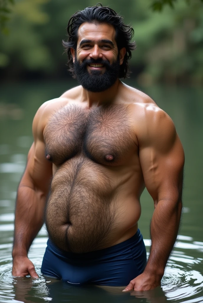 A smiling mature Persian boy naked in navy blue underwear bulge protruding standing in water, hairy chest and hairy body, hairy chest, wet hairy bodies, hair on the chest, hairy chest, sparse hair on the chest, hairy bodies, bare hairy chest, hairy body, very hairy bodies, body hair, fluffy chest, hairy torso, thick, hairy neck and chest fuzz, partially male hairy torso, hairy arms, next to a beautiful woman.