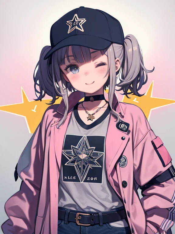 A proper third, View your viewers, smile, shirt, Long sleeve, Have, Twin tails, jewelry, Mouth closed, Jacket, Upper Body, Open clothes, choker, belt, pants, Medium Hair, necklace, star (symbol), open Jacket, White Hat, denim, short Twin tails, Clothes writing, Baseball cap, grey shirt, red Jacket, pink Jacket, white belt, backwards Have, letterman Jacket
