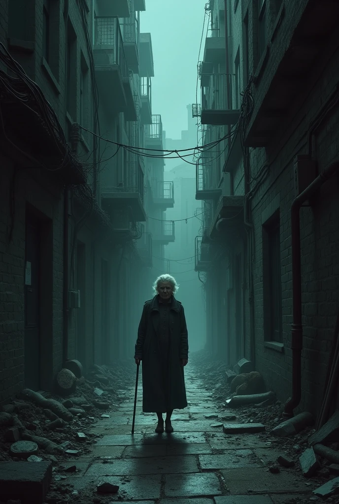 A dark, deserted alley where an elderly woman walks cautiously.