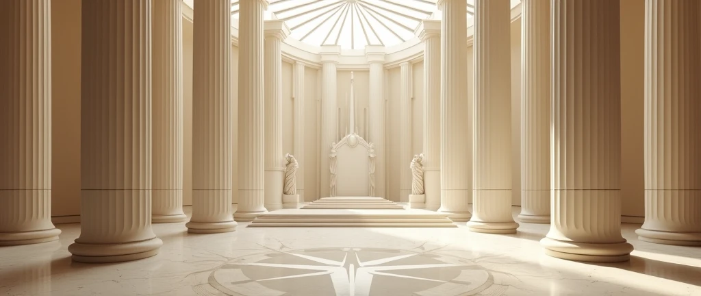 Design the homepage of a website for the Kingdom of Aetheria. The homepage should feature a grand, futuristic welcome with a sleek interface, including a logo of Aetheria, with a minimalist yet modern design, utilizing the symbols previously created to represent Aetheria. a close up of a futurist room with statues and a big throne in the center. The overall theme should be clean, elegant, and futuristic. cream color, ultra-resolution, intricately detailed, 8k by Helmut Newton.