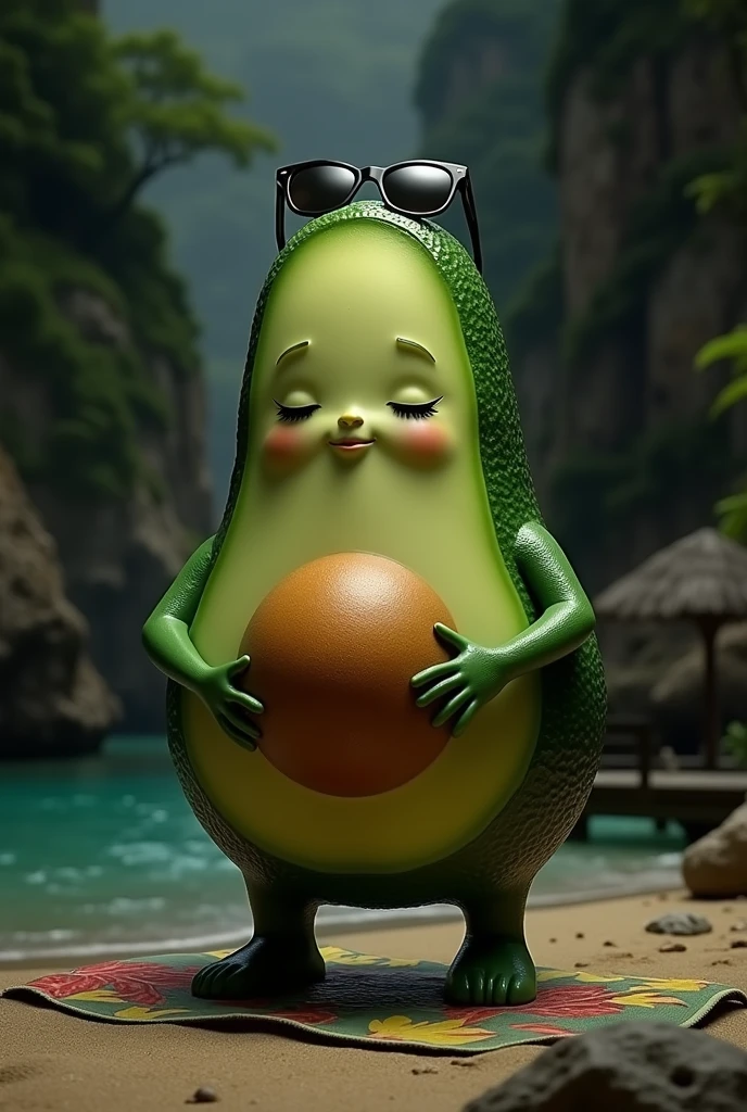 An avocado personified in human form, in a bathing suit on a beautiful beach in a bay