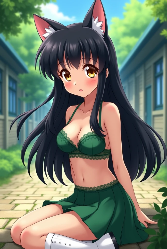 An anime girl who looks  with cat ears, very long black hair, hyuga, and big golden eyes. , With bangs similar to Inuyasha&#39;s she is wearing a green uniform skirt and a green lace bra with white boots sitting in the school yard 