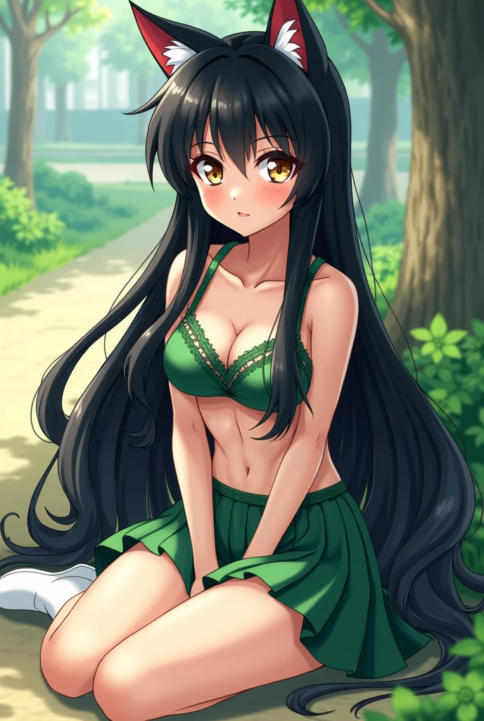 An anime girl who looks with cat ears, very long black hair, hyuga, and big golden eyes. , With bangs similar to Inuyasha's she is wearing a green uniform skirt and a green lace bra with white boots sitting in the school yard