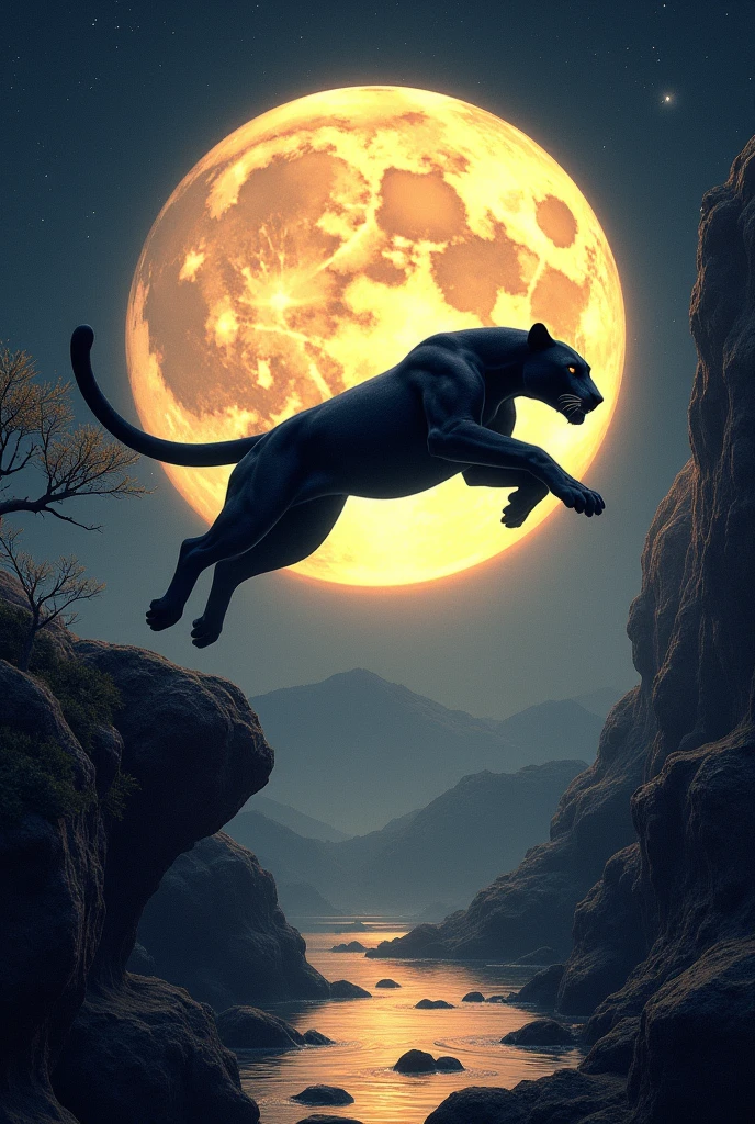 Create a drawing of a full moon setting and a panther jumping over the moon and the sides of the drawing mirrors surrounding Leo drawing