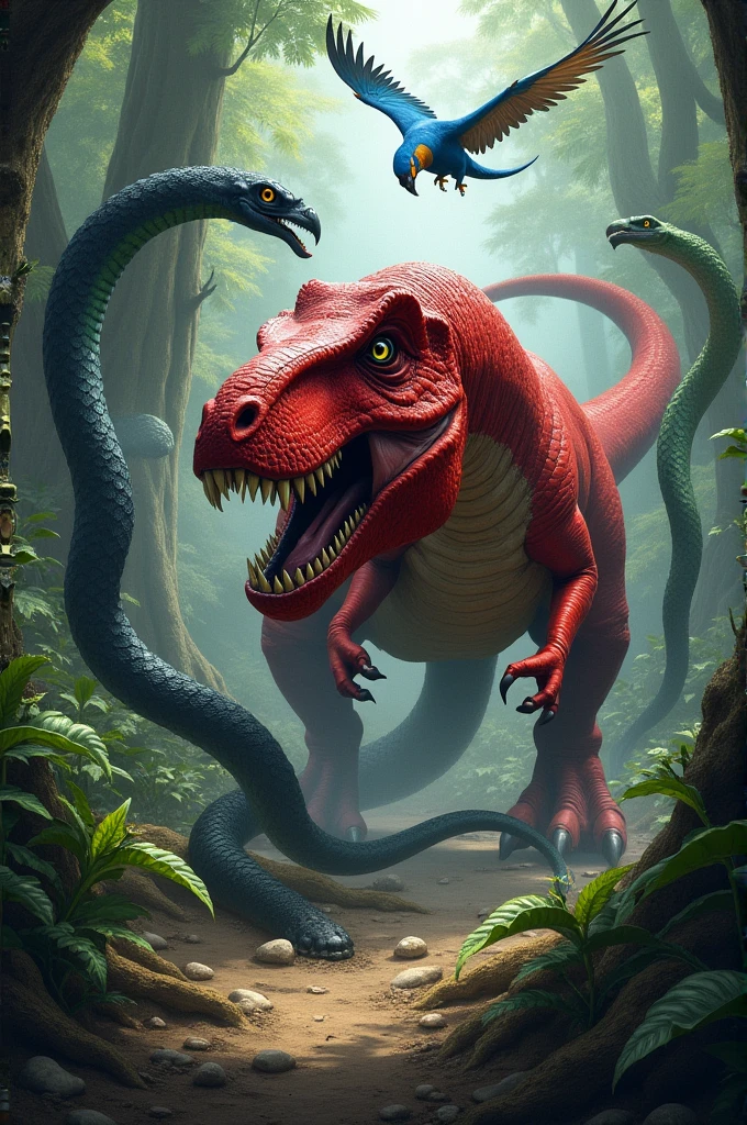 Red T-rex being attacked by a black snake, a blue macaw, and a green 3-headed hydra