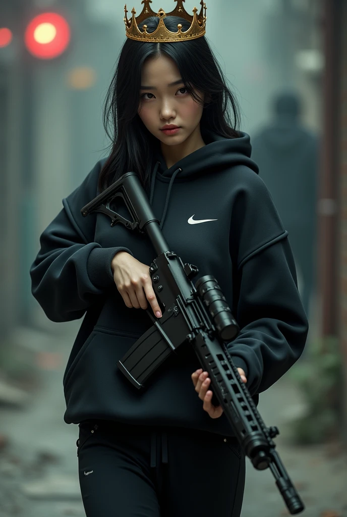 Brunette Korean killer woman with black Nike sweatshirt and light machine gun and black Nike pants and a crown