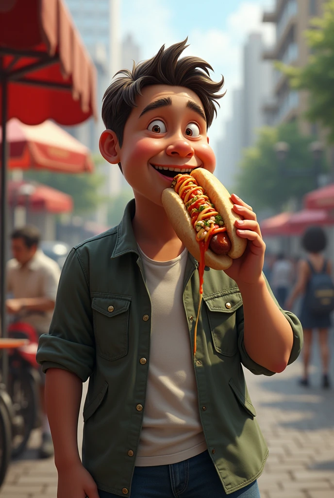 A man eating Hot dog realistic