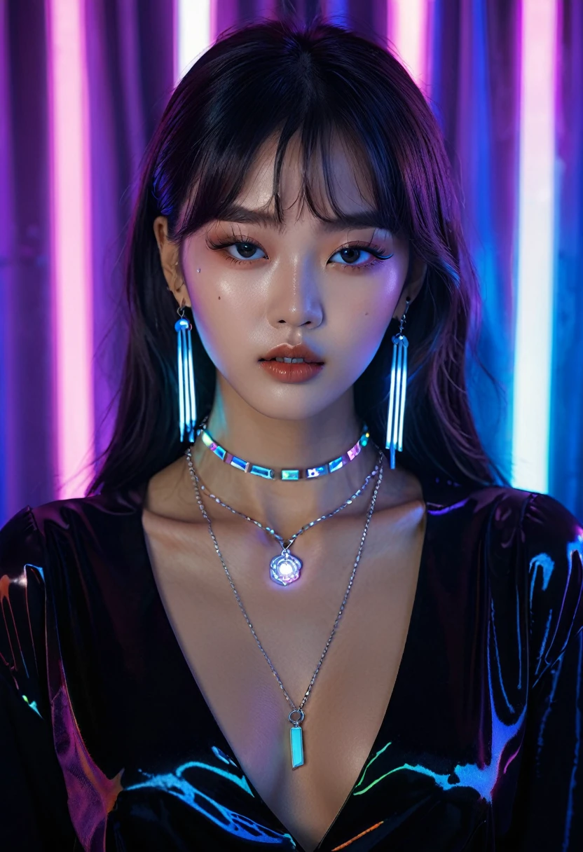 Mix Girl, Woman Wearing a Necklace with Neon Lights on the Background, Korean popular makeup, Character Album Cover, Dark Psychedelic Style, joy, Publicity photos, Has dark edges, vogue cover style, Promotional Rendering, Middle Part Curtain Bangs