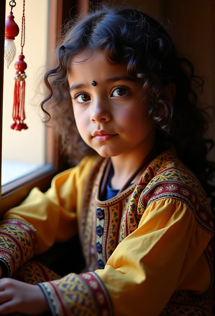 A close-up photograph of a young Rifian girl with deep brown eyes and curly dark hair, wearing traditional Amazigh attire. They are sitting by a window, with soft, warm sunlight streaming in and highlighting the intricate patterns of their clothing. The expression on their face is contemplative, capturing a sense of curiosity and inner strength. The background is softly blurred, with hints of traditional Rifian decorations, adding depth and cultural context to the scene