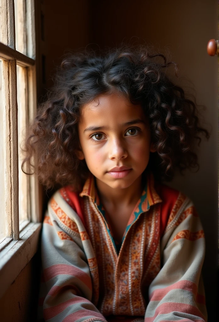 A close-up photograph of a young Rifian girl with deep brown eyes and curly dark hair, wearing traditional Amazigh attire. They are sitting by a window, with soft, warm sunlight streaming in and highlighting the intricate patterns of their clothing. The expression on their face is contemplative, capturing a sense of curiosity and inner strength. The background is softly blurred, with hints of traditional Rifian decorations, adding depth and cultural context to the scene