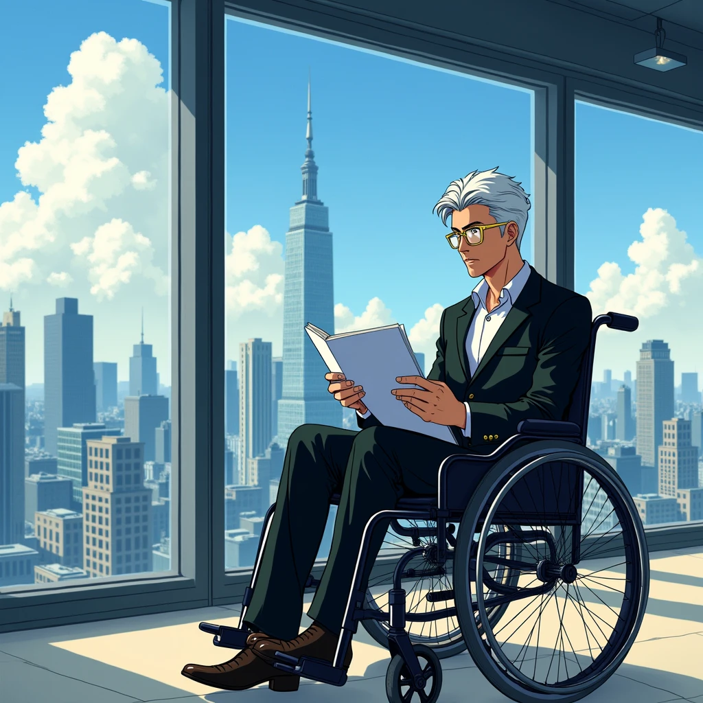 Japanese comics Hayao Miyazaki style,Floor-to-ceiling windows in the background,High-rise buildings outside the window,Handsome male protagonist,White short hair,Black suit,Gold glasses,Sitting in a wheelchair and reading documents