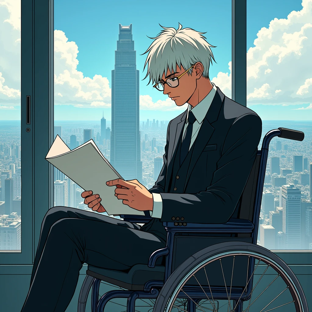 Japanese comics Hayao Miyazaki style,Floor-to-ceiling windows in the background,High-rise buildings outside the window,Handsome male protagonist,White short hair,Black suit,Gold glasses,Sitting in a wheelchair and reading documents