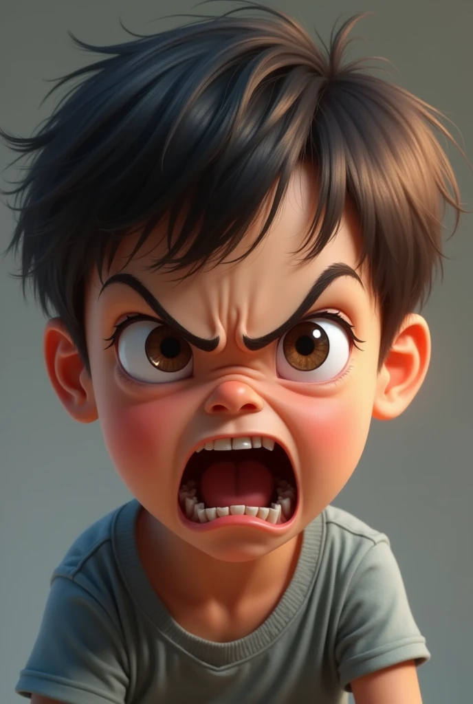 character: INn niño o niña de unos 8-10 años, with an angry facial expression. The character may be frowning, with eyebrows arched down and eyes wide open, which conveys the intensity of emotion. The mouth may be shaped like "IN" inverted or in a straight line with the corners down