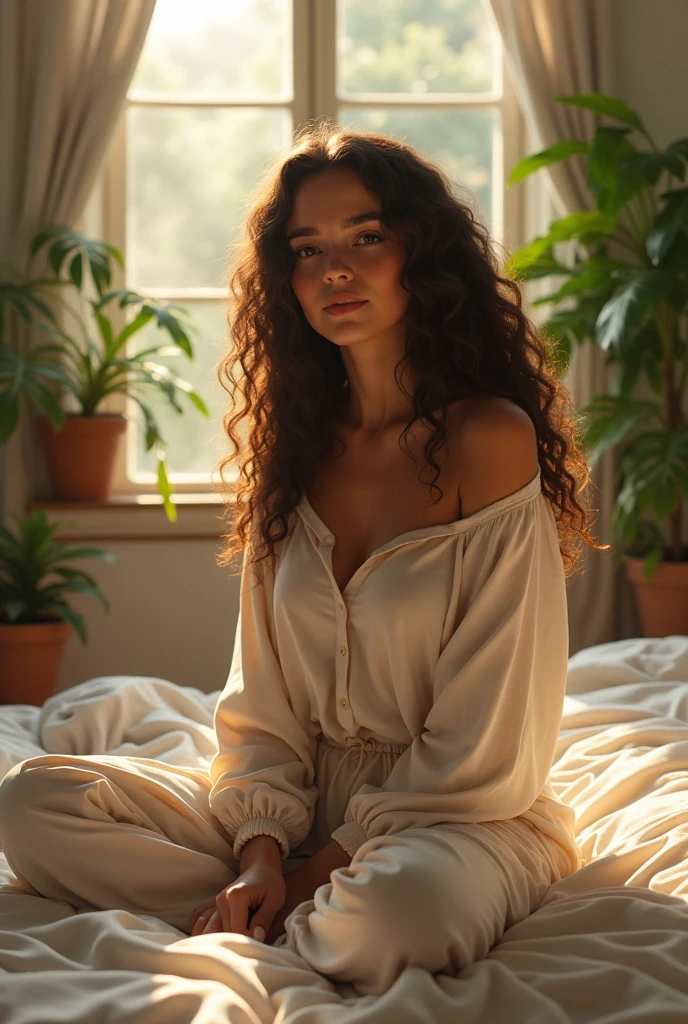 (photorealism:1.2), beautiful woman, sitting on bed, wearing loose off-shoulder top, pajama pants, long curly hair, indoors, soft lighting, plants in background, window with sunlight, cozy room, relaxed pose, realistic, intricate details, warm colors, by Greg Rutkowski, by Alphonse Mucha