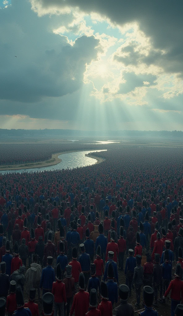 A cinematic panorama of a vast, flat battlefield with 2 million French soldiers in tight formation. The soldiers are dressed in Napoleonic-era uniforms, featuring vibrant blue coats and tall shakos. The expansive scene includes a river in the background, with the entire formation set against a dramatic, stormy sky, creating a visually striking and intense atmosphere.