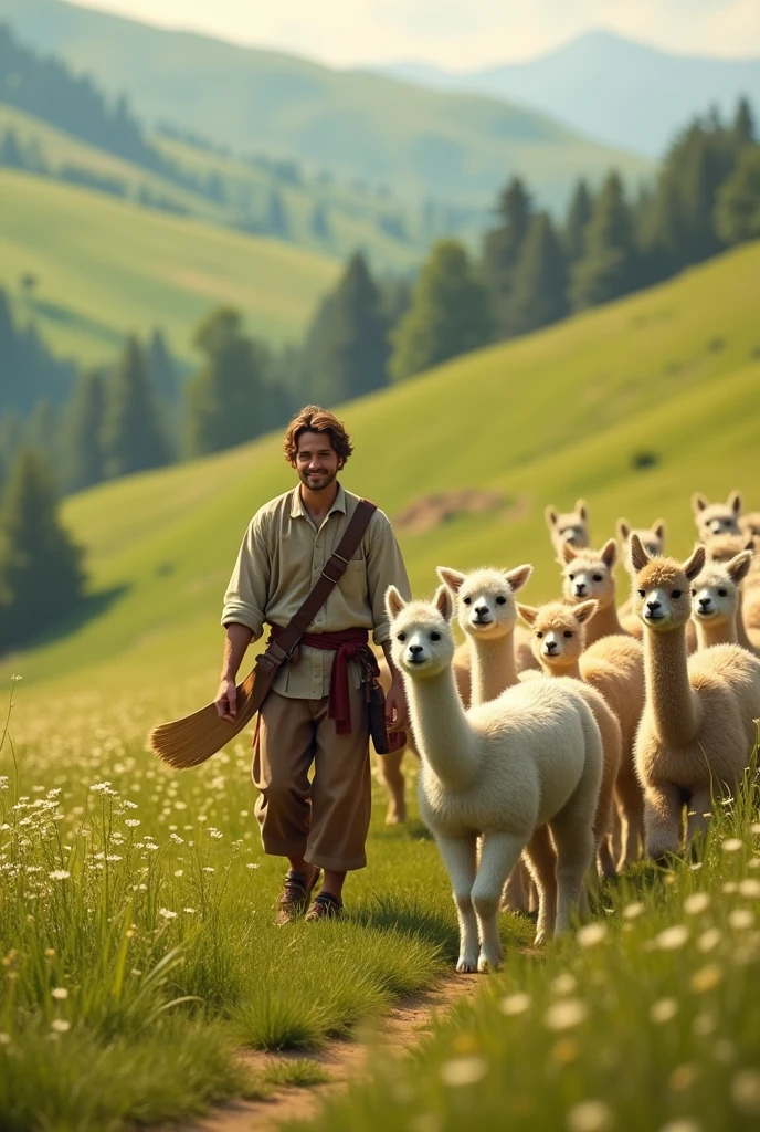 Kind young shepherd taking care of alpacas guiding them to the green pasture
