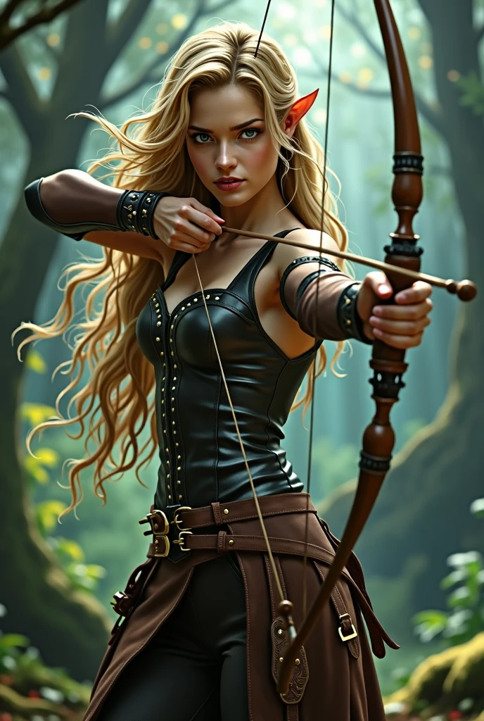 Women dark blond hair, fae, wirh bow, leather outfit, trousers