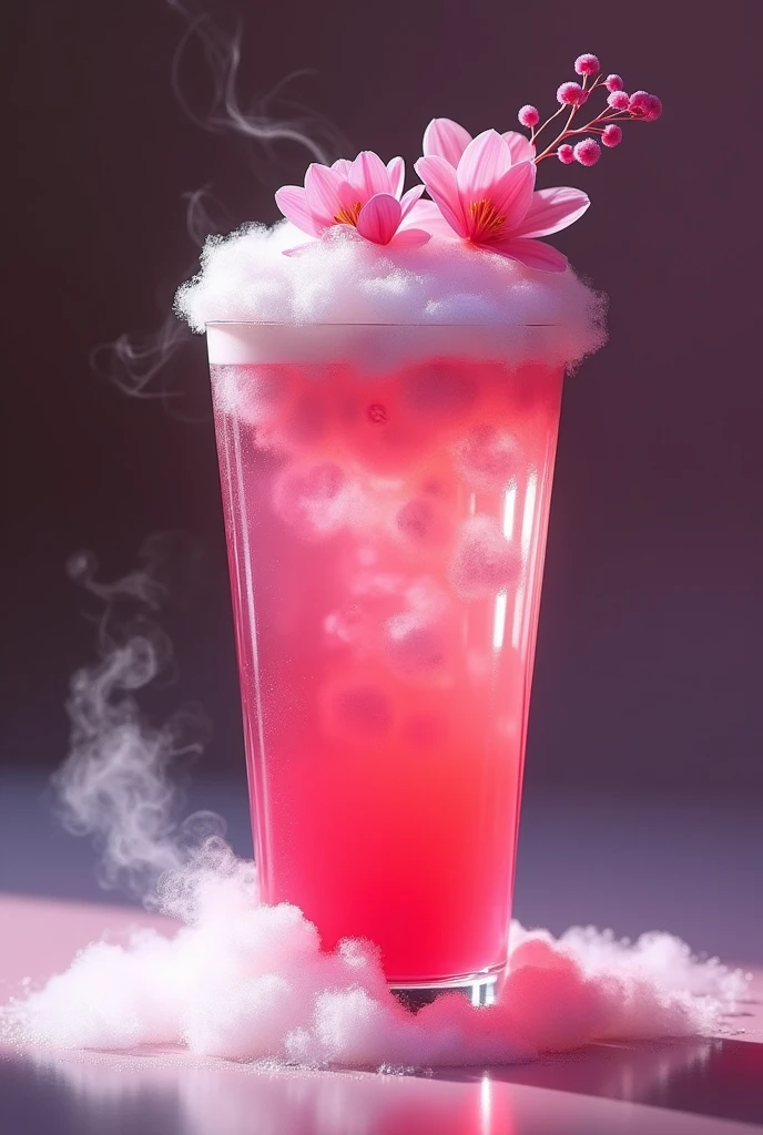 create a lotso bear drink (vilão de toy story), would be raspberry and pink vodka, It would be pink( contrast from light pink to a darker pink)  with two pink flowers (clear) and two pink “bushes” too (a little darker) ice in the shape of balls, gelo seco (little effect), CHIC cup REALISTIC IMAGE 