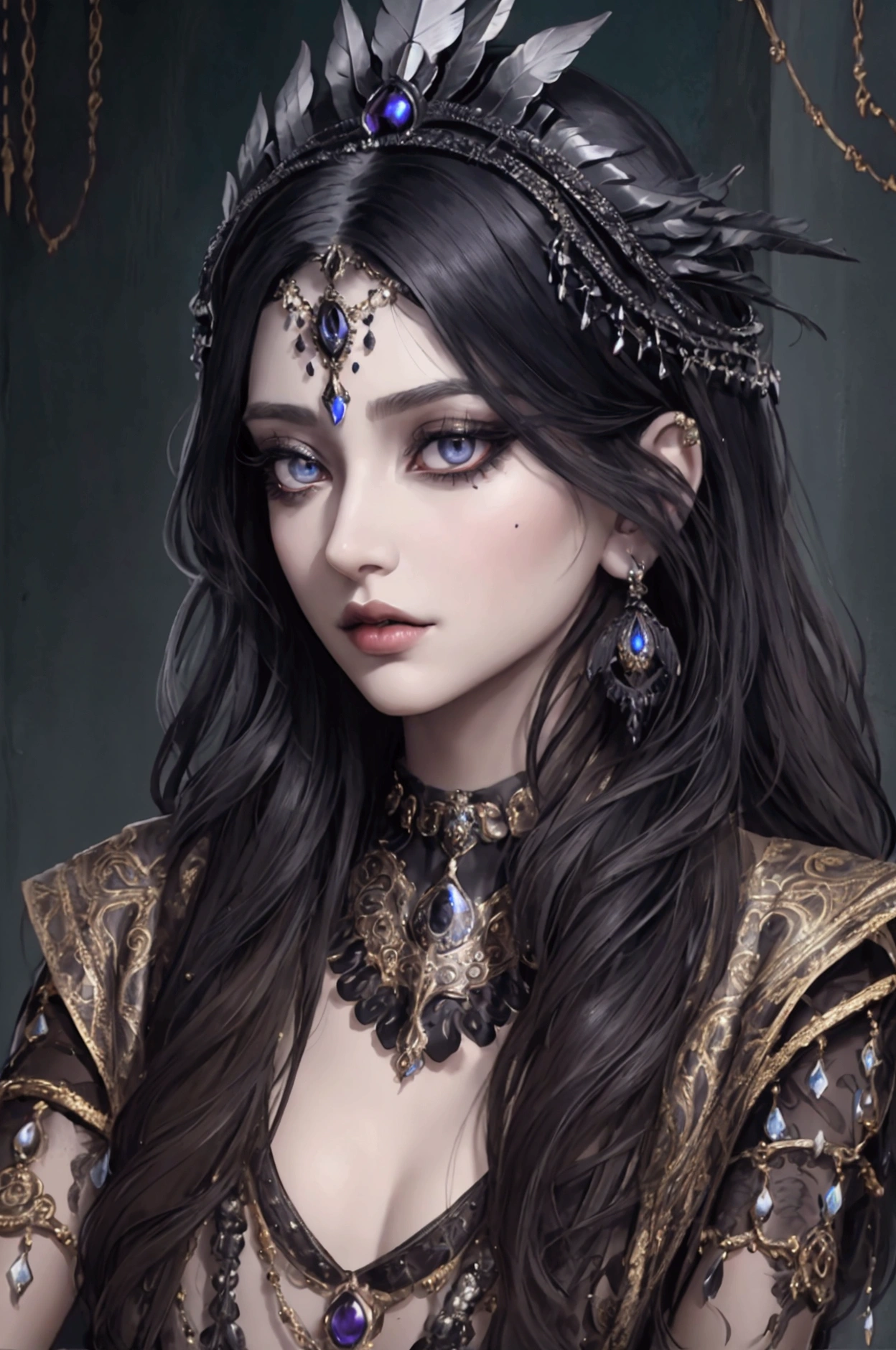 ktatos with raven, dark fantasy art, beautiful detailed eyes, beautiful detailed lips, extremely detailed face, long eyelashes, ornate jewelry, raven perched on hand, intricate headdress, cinematic lighting, moody color palette, dramatic chiaroscuro, muted earth tones, masterpiece, best quality, 8k, photorealistic