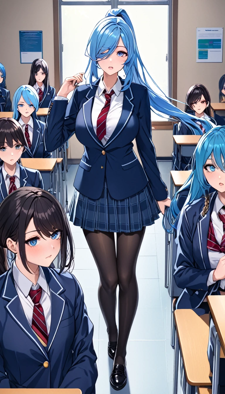 Highest quality、1 1 female、high school girl、Blue Hair、Long Hair、Dark Eyes、Hanging eyes、ponytail、Big Breasts、Parted bangs、Blazer type student uniform、A strong expression、Black pantyhose、Contrapposto、stand、