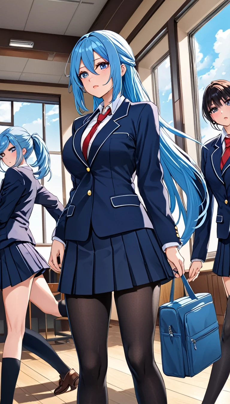 Highest quality、1 1 female、high school girl、Blue Hair、Long Hair、Dark Eyes、Hanging eyes、ponytail、Big Breasts、Parted bangs、Blazer type student uniform、A strong expression、Black pantyhose、Contrapposto、stand、