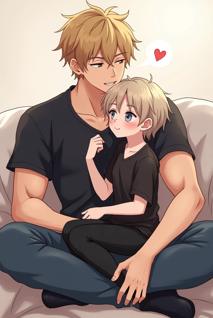 A very cute goth femboy boy with his strong blond boyfriend, they are very much in love with each other, The two spend a lot of time together and like to cuddle all the time., the femboy boy loves to be on his boyfriend&#39;s lap, they are both approximately 2, Image made with anime lines