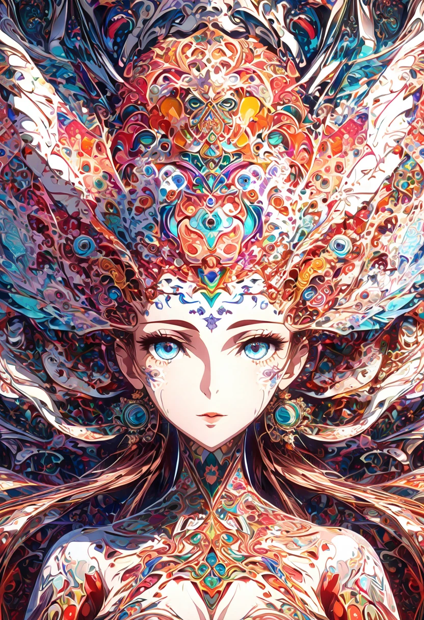 Ink painting, (((1 girl )), (((Tattoo in the middle of the forehead))), (((Oiran))), (((Great hair accessories))), Demon possession, , (((Masterpiece、Top quality للصورة、Highest quality、وحدة Very detailed 8kWall paper))), ((And covered with jewelry, an illustration of a single girl、All body covered))、(((beautiful girl))), (Masterpiece, Top quality, Best quality, Official art, Beautiful and aesthetic:1.2), A girl stood alone in front of an amazing work of art., Her eyes are wide with admiration., (Very detailed), Face up close, (Fractal art:1.3), All body covered بدقة, The intricate patterns and colors of the Fractal artwork surrounded her, Every line and curve is carefully designed..Colorful spirals and geometric shapes blend seamlessly., Resulting in the creation of a stunning piece that captured the essence of abstract beauty.. (Top detailed), Every little detail is meticulously drawn., She invited viewers to explore the depths of art and lose themselves in its complexities..