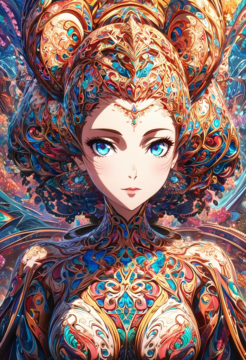 Ink painting, (((1 girl )), (((Tattoo in the middle of the forehead))), (((Oiran))), (((Great hair accessories))), Demon possession, , (((Masterpiece、Top quality للصورة、Highest quality、وحدة Very detailed 8kWall paper))), ((And covered with jewelry, an illustration of a single girl、All body covered))、(((beautiful girl))), (Masterpiece, Top quality, Best quality, Official art, Beautiful and aesthetic:1.2), A girl stood alone in front of an amazing work of art., Her eyes are wide with admiration., (Very detailed), Face up close, (Fractal art:1.3), All body covered بدقة, The intricate patterns and colors of the Fractal artwork surrounded her, Every line and curve is carefully designed..Colorful spirals and geometric shapes blend seamlessly., Resulting in the creation of a stunning piece that captured the essence of abstract beauty.. (Top detailed), Every little detail is meticulously drawn., She invited viewers to explore the depths of art and lose themselves in its complexities..