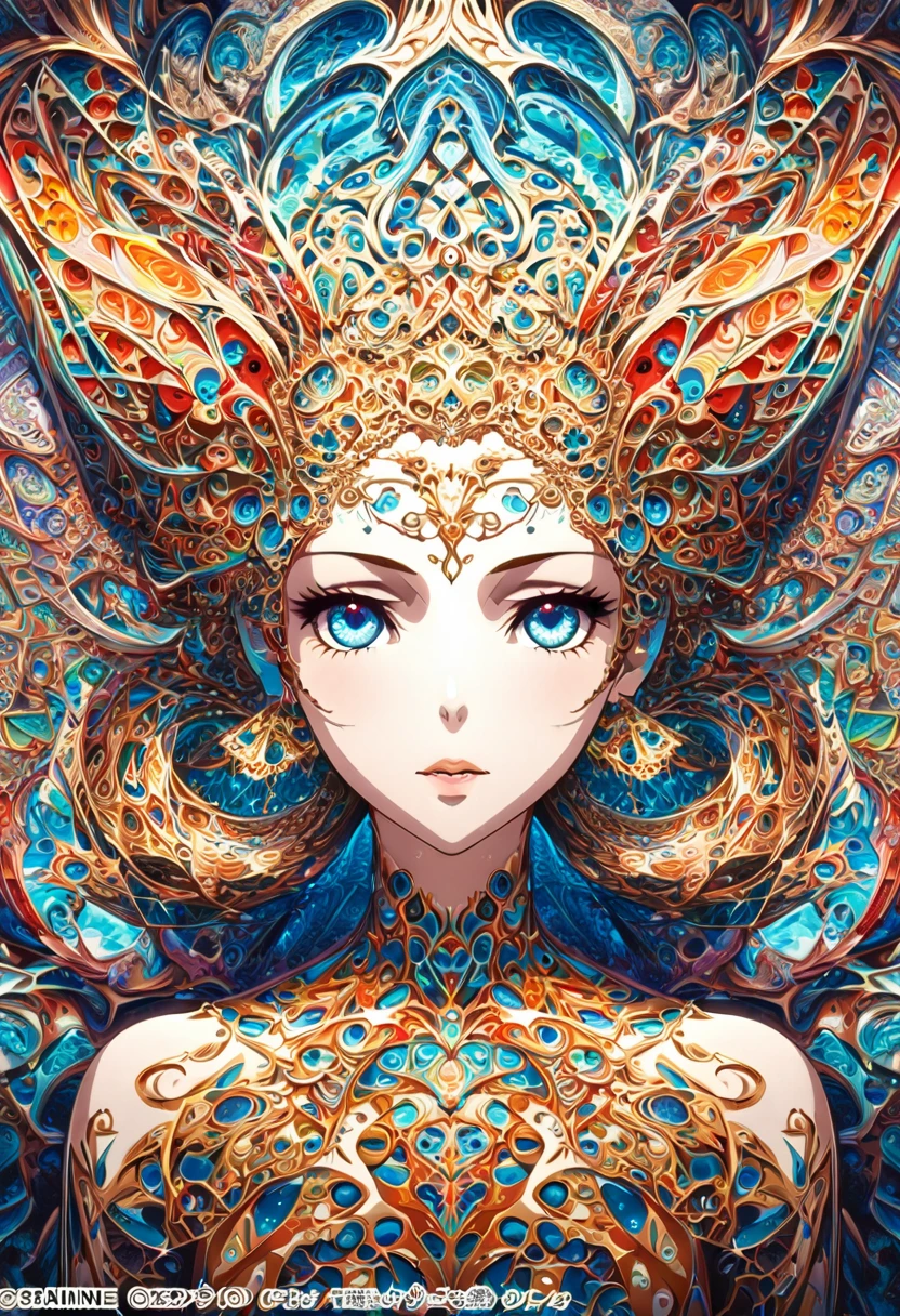 Ink painting, (((1 girl )), (((Tattoo in the middle of the forehead))), (((Oiran))), (((Great hair accessories))), Demon possession, , (((Masterpiece、Top quality للصورة、Highest quality、وحدة Very detailed 8kWall paper))), ((And covered with jewelry, an illustration of a single girl、All body covered))、(((beautiful girl))), (Masterpiece, Top quality, Best quality, Official art, Beautiful and aesthetic:1.2), A girl stood alone in front of an amazing work of art., Her eyes are wide with admiration., (Very detailed), Face up close, (Fractal art:1.3), All body covered بدقة, The intricate patterns and colors of the Fractal artwork surrounded her, Every line and curve is carefully designed..Colorful spirals and geometric shapes blend seamlessly., Resulting in the creation of a stunning piece that captured the essence of abstract beauty.. (Top detailed), Every little detail is meticulously drawn., She invited viewers to explore the depths of art and lose themselves in its complexities..